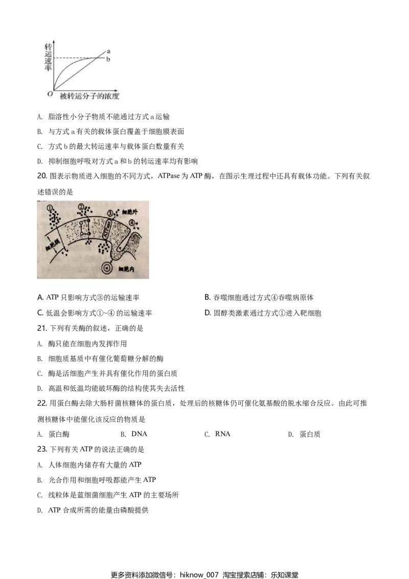 精品解析：天津市滨海新区高一上学期期末生物试题（原卷版）_E015高中全科试卷_生物试题_必修1_4.期末试卷_2.各地真题_精品解析：天津市滨海新区高一上学期期末生物试题