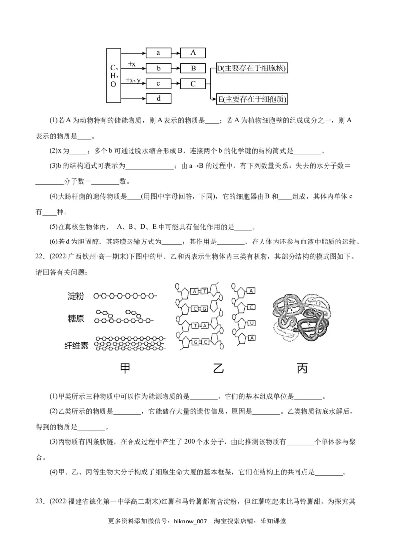 第2章组成细胞的分子（A卷&middot;知识通关练）（原卷版）_E015高中全科试卷_生物试题_必修1_1.单元测试_1.单元测试AB卷（第一套）