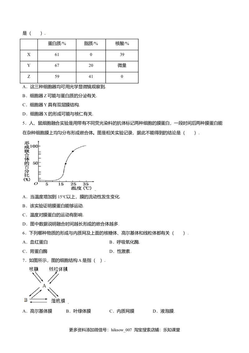 第三章章末测试-高一生物课后培优练（人教版2019必修1）（原卷版）_E015高中全科试卷_生物试题_必修1_1.单元测试_2.单元测试（第二套）