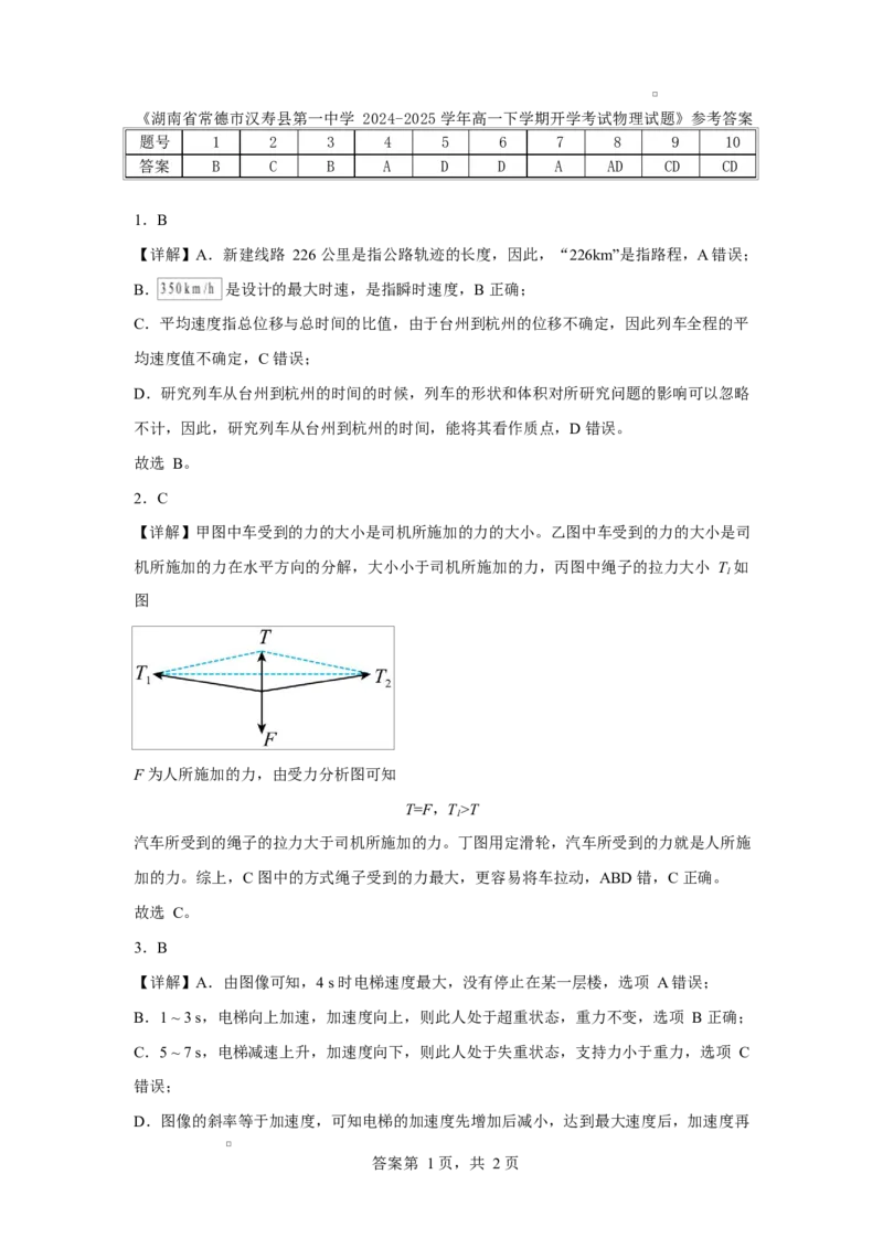 湖南省常德市汉寿县第一中学2024-2025学年高一下学期开学考试物理试题Word版含解析KS5U高考_2024-2025高一（7-7月题库）_2025年03月试卷