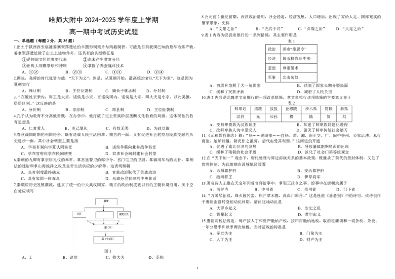 黑龙江省哈尔滨师范大学附属中学2024-2025学年高一上学期期中考试历史PDF版含答案（可编辑）_2024-2025高一（7-7月题库）_2024年12月试卷