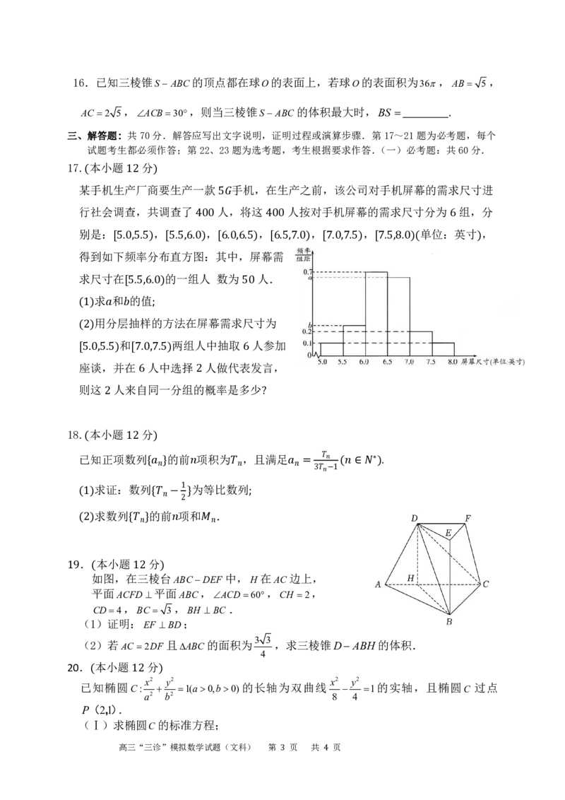 四川省成都市成华区某校2024届高三下学期三诊试题数学（文）含答案(1)_2024年5月_025月合集_2024届四川成都列五中学高三下学期三诊