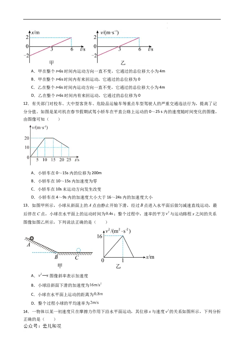 衔接点07匀变速直线运动的位移与时间的关系（原卷版）_2024-2025高一（7-7月题库）_2024年7月试卷