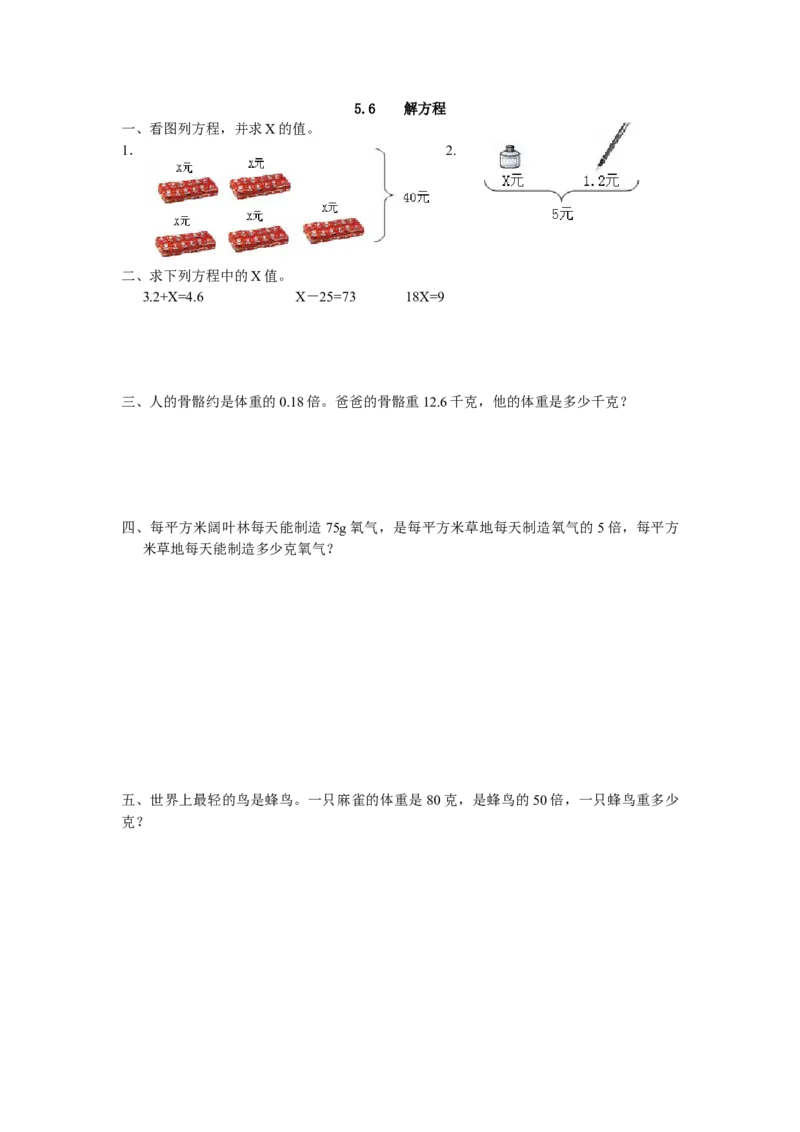 5.6解方程_小学1-6年级全部试卷_数学_五年级_3-10-3、小学五年级数学上册_3-10-3-2、练习题、作业、试题、试卷_人教版_课时练_第五单元简易方程_备选课时练