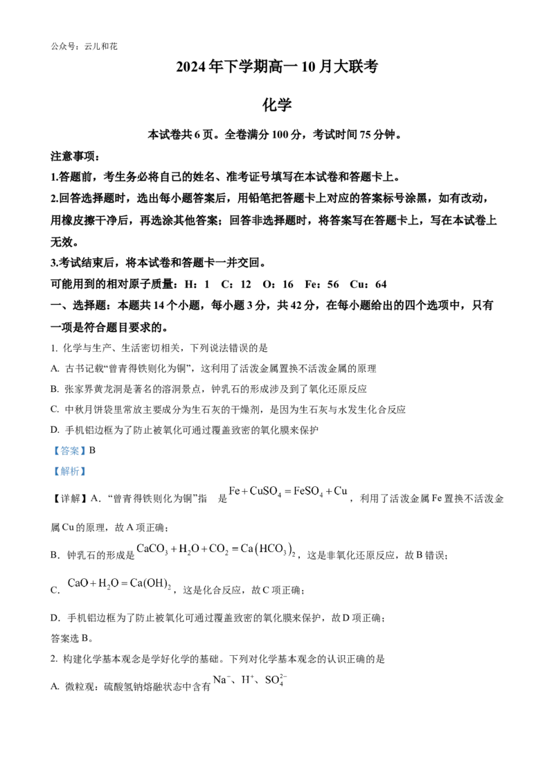 湖南省名校教育联合体2024-2025学年高一上学期10月月考化学试题Word版含解析_2024-2025高一（7-7月题库）_2024年10月试卷_1028湖南省湖湘名校教育联合体2024-2025学年高一上学期10月月考