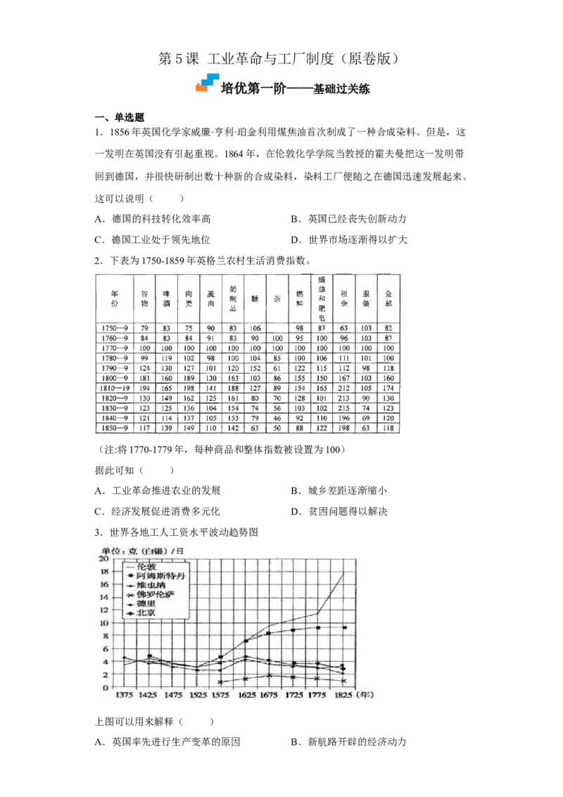 第5课工业革命与工厂制度（原卷版）_E015高中全科试卷_历史试题_选修2_人教版历史选修二同步练习（042份）_课后培优练2023年