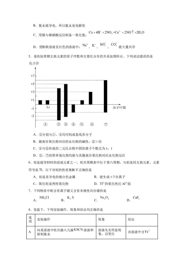 湖南省常德市汉寿县第一中学2024-2025学年高一下学期2月月考化学试题（含答案）_2024-2025高一（7-7月题库）_2025年03月试卷_0311湖南省常德市汉寿县第一中学2024-2025学年高一下学期2月月考