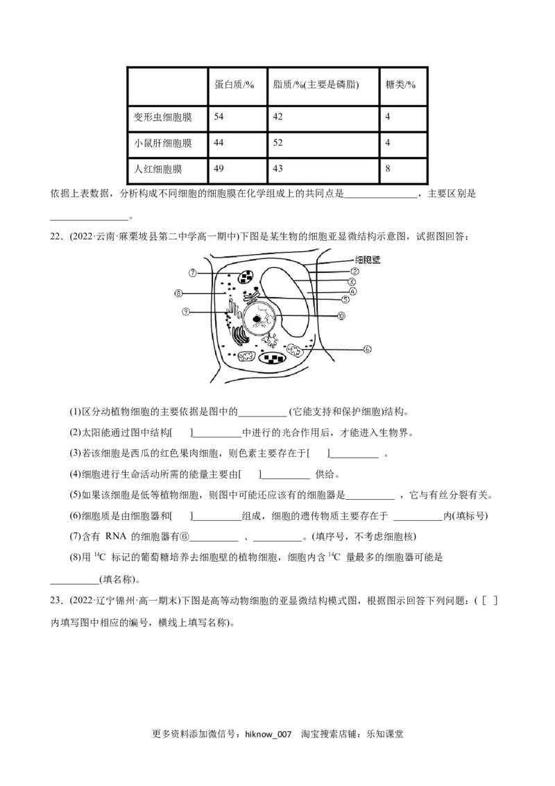 第3章细胞的基本结构（A卷&middot;知识通关练）（原卷版）_E015高中全科试卷_生物试题_必修1_1.单元测试_1.单元测试AB卷（第一套）