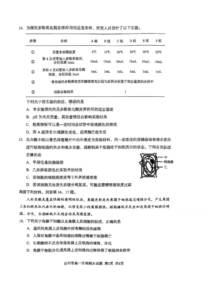 浙江省台州市2024学年第一学期高一年级期末质量评估试题生物(扫描版有答案)_2024-2025高一（7-7月题库）_2025年02月试卷_0218浙江省台州市2024-2025学年高一上学期期末质量评估考试