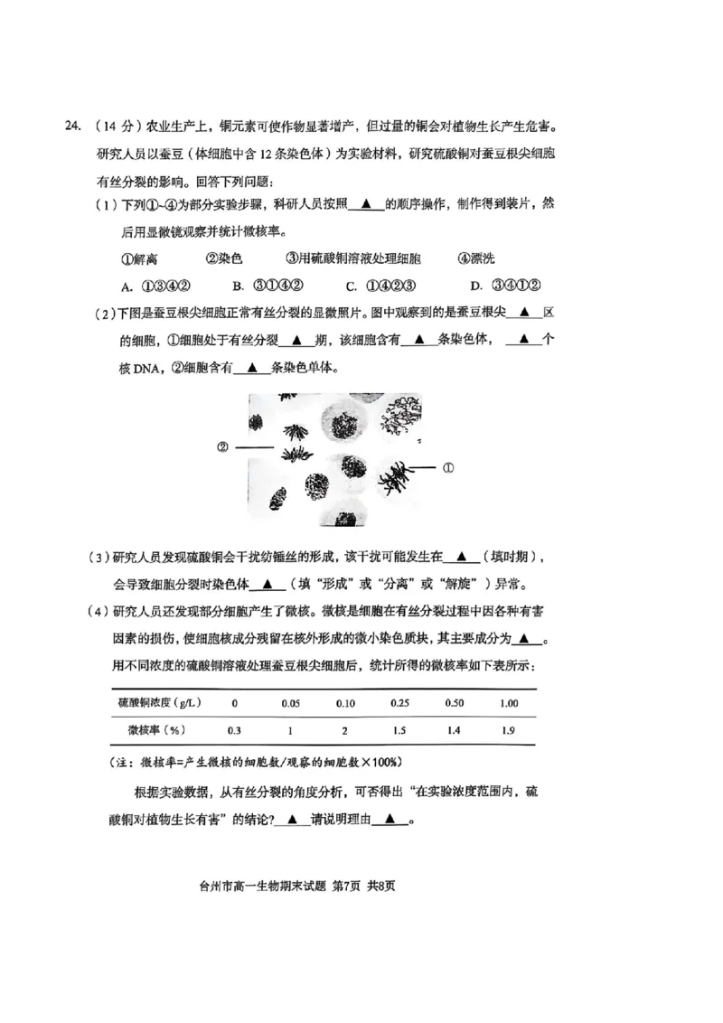 浙江省台州市2024学年第一学期高一年级期末质量评估试题生物(扫描版有答案)_2024-2025高一（7-7月题库）_2025年02月试卷_0218浙江省台州市2024-2025学年高一上学期期末质量评估考试