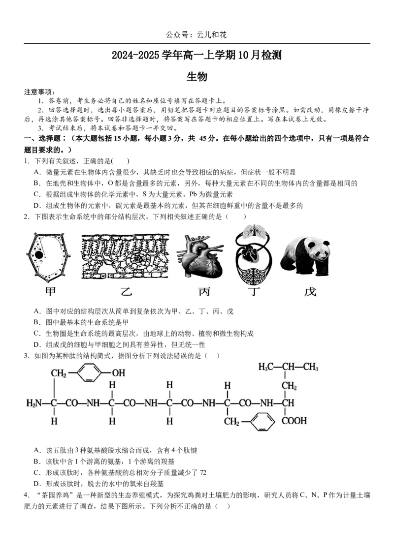 河南省许昌高级中学2024-2025学年高一上学期10月月考试题生物Word版含解析_2024-2025高一（7-7月题库）_2024年11月试卷_1104河南省许昌高级中学2024-2025学年高一上学期10月月考