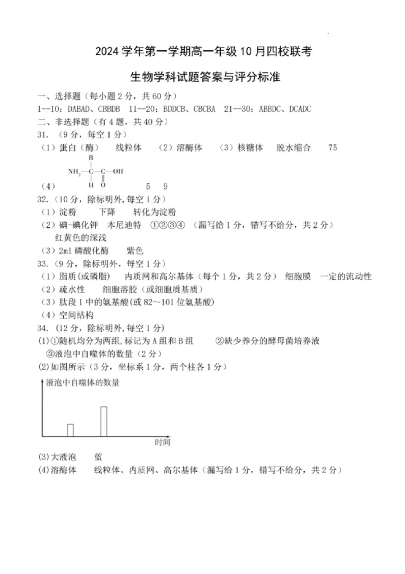 生物-浙江四校联考2024年高一10月月考_2024-2025高一（7-7月题库）_2024年10月试卷_1012浙江杭州周边重点中学四校联考2024-2025学年高一10月月考