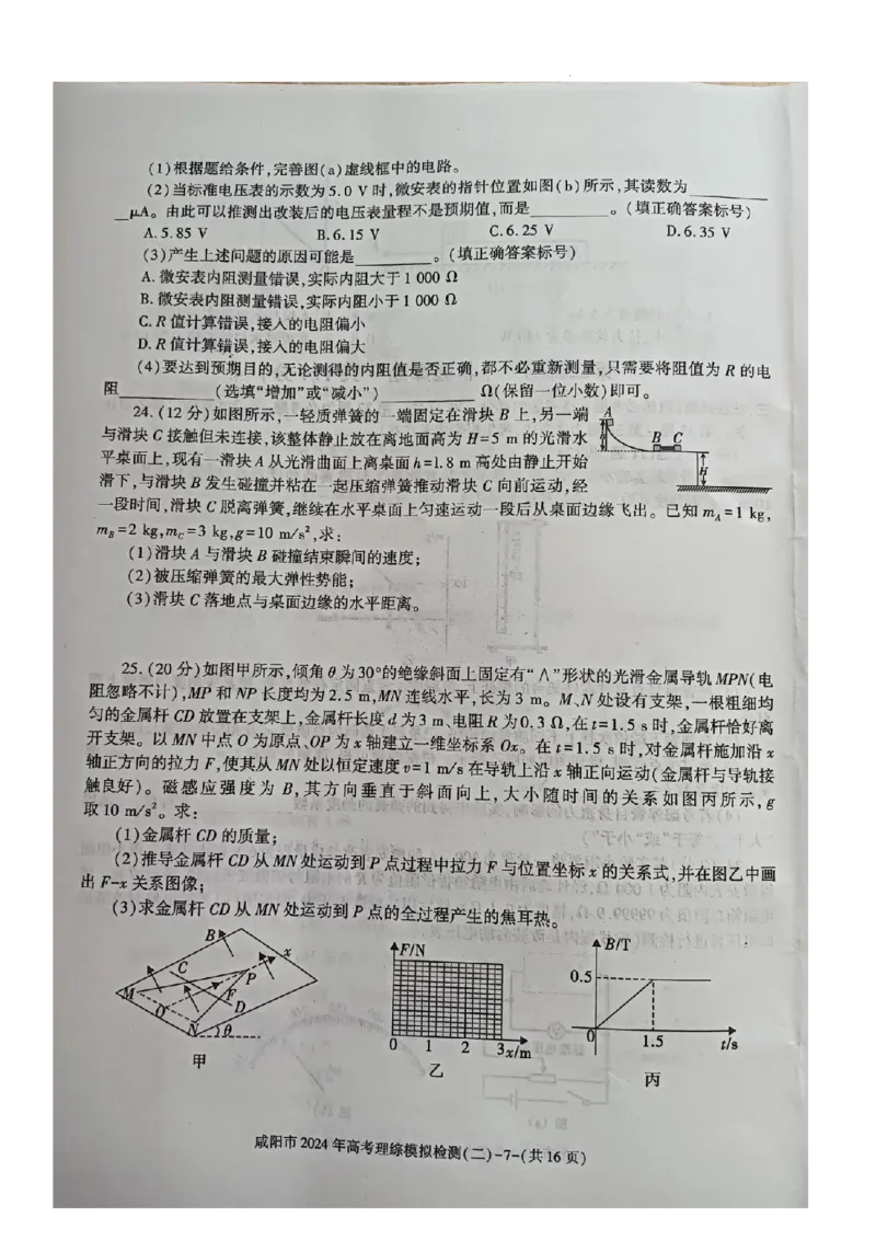 咸阳市2024高考模拟检测（二）理综试题_2024年3月_013月合集_2024届陕西省咸阳市高三下学期高考模拟检测(二)_2024届陕西省咸阳市高三下学期模拟检测（二）理综试题