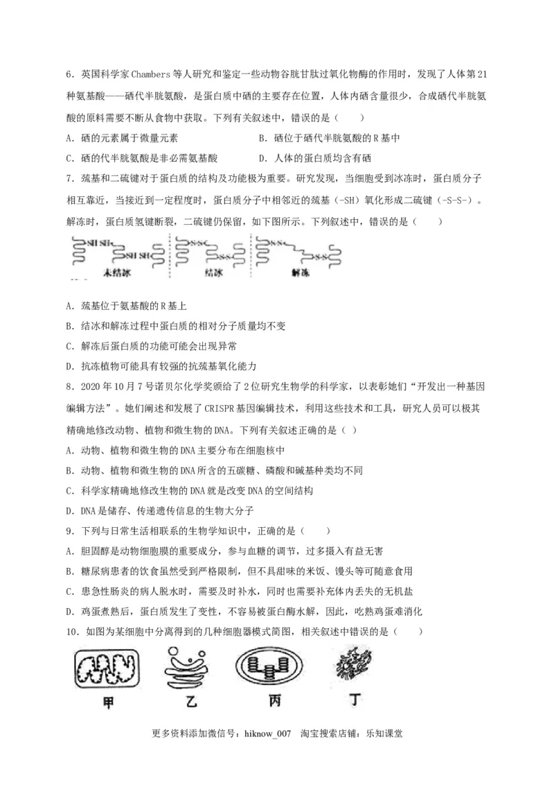 高一生物上学期期末测试卷02（人教版必修1）（原卷版）_E015高中全科试卷_生物试题_必修1_4.期末试卷_1.模拟题_高一生物上学期期末测试卷02（人教版必修1）