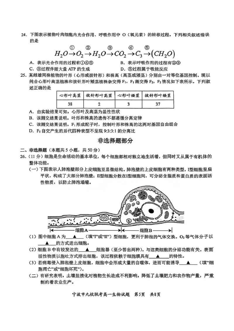 浙江省宁波市九校2024-2025学年高一上学期期末联考试题生物PDF版含答案_2024-2025高一（7-7月题库）_2025年01月试卷_0123浙江省宁波市九校2024-2025学年高一上学期期末联考试题
