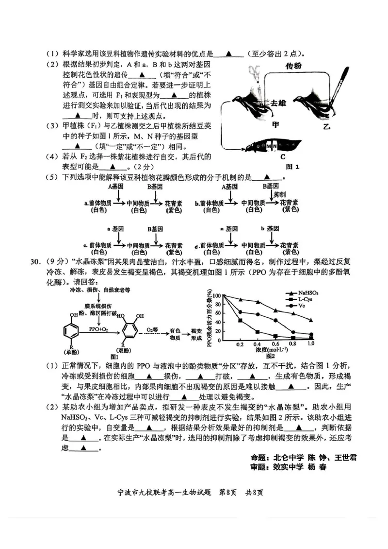 浙江省宁波市九校2024-2025学年高一上学期期末联考试题生物PDF版含答案_2024-2025高一（7-7月题库）_2025年01月试卷_0123浙江省宁波市九校2024-2025学年高一上学期期末联考试题