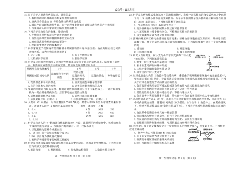 河北省唐山市2023-2024学年高一下学期7月期末生物试题(1)_2024-2025高一（7-7月题库）_2024年7月试卷_0727河北省唐山市2023-2024学年高一下学期7月期末考试
