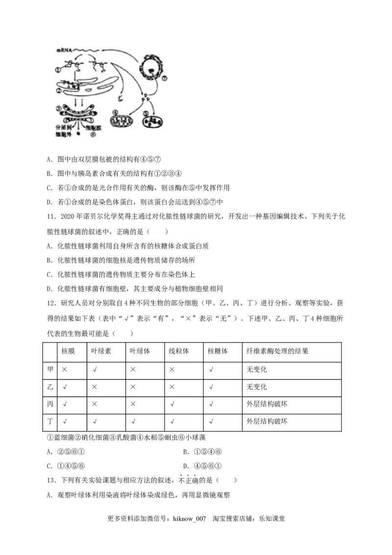 高一生物上学期期末测试卷03（人教版必修1）（原卷版）_E015高中全科试卷_生物试题_必修1_4.期末试卷_1.模拟题_高一生物上学期期末测试卷03（人教版必修1）