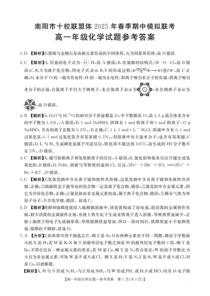 河南省南阳市十校联盟体2024-2025学年高一下学期期中模拟联考试题化学PDF版含解析_2024-2025高一（7-7月题库）_2025年04月试卷