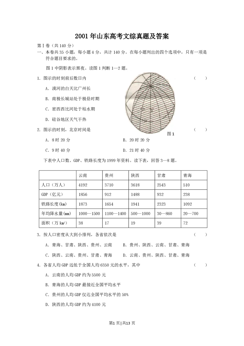 2001年山东高考文综真题及答案_地理高考真题试卷_旧1990-2007&middot;高考地理真题_1990-2007&middot;高考地理真题&middot;PDF_山东