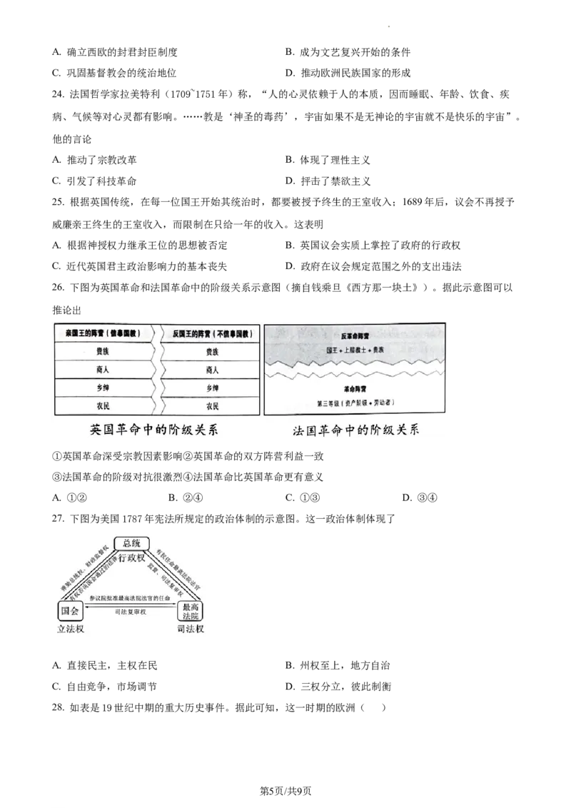 高一下学期期中考试历史试题（原卷版）_E015高中全科试卷_历史试题_必修下_3.期中试卷_1.高一下学期期中考试历史试题