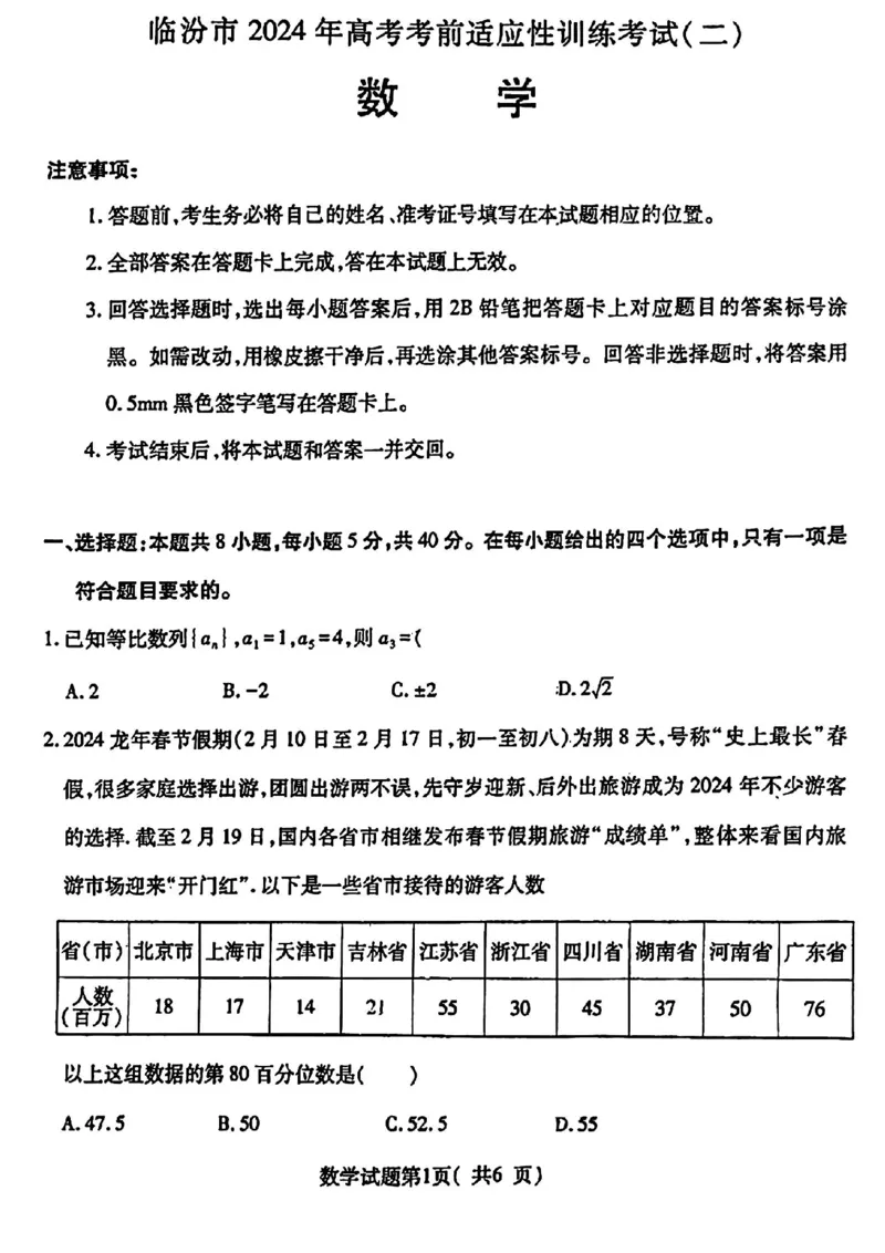 数学_2024年4月_024月合集_2024届山西省临汾市高三适应性训练考试（二）_临汾市2024届高三下学期考前适应性训练考试（二）数学