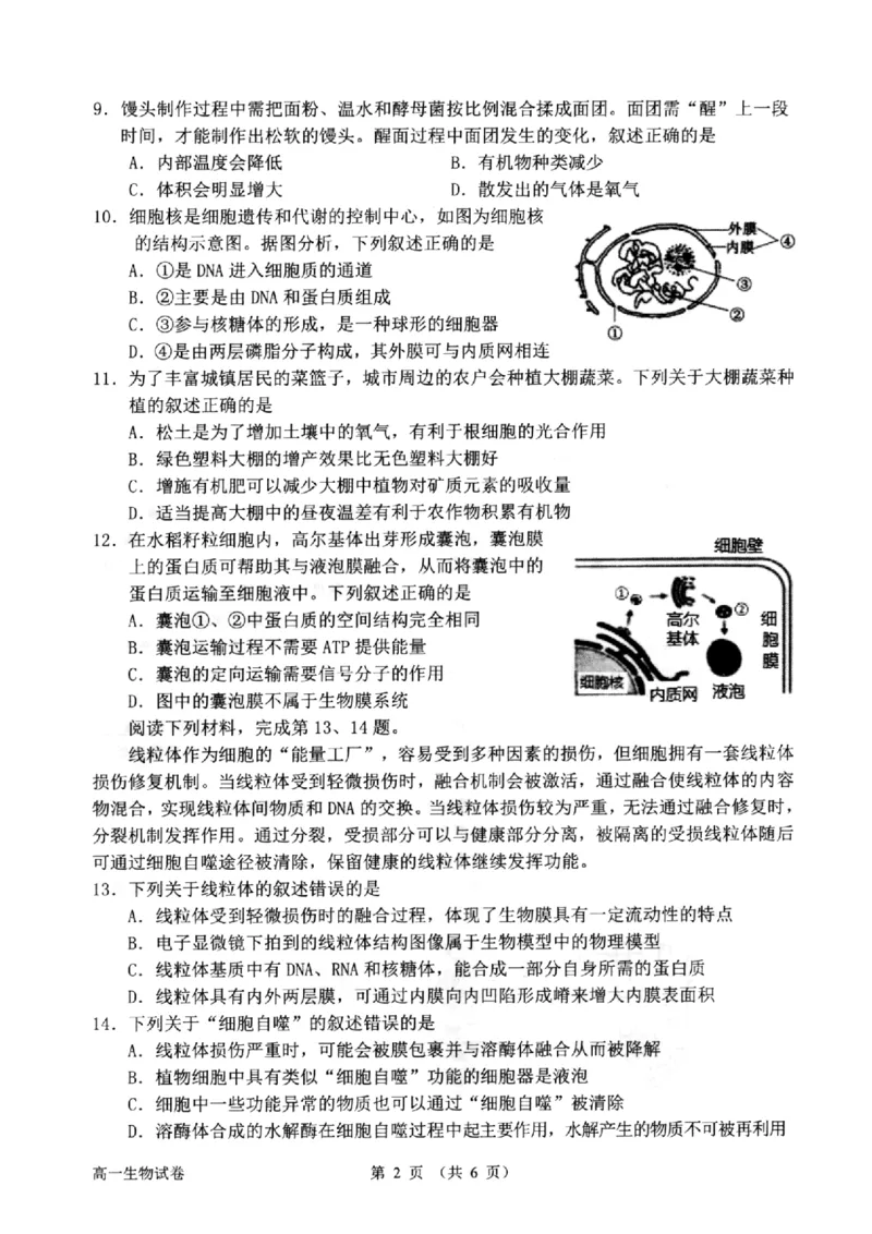 浙江省衢州市2024-2025学年高一上学期1月教学质量检测试题生物PDF版含答案_2024-2025高一（7-7月题库）_2025年02月试卷_0225浙江省衢州市2024-2025学年高一上学期1月教学质量检测试题