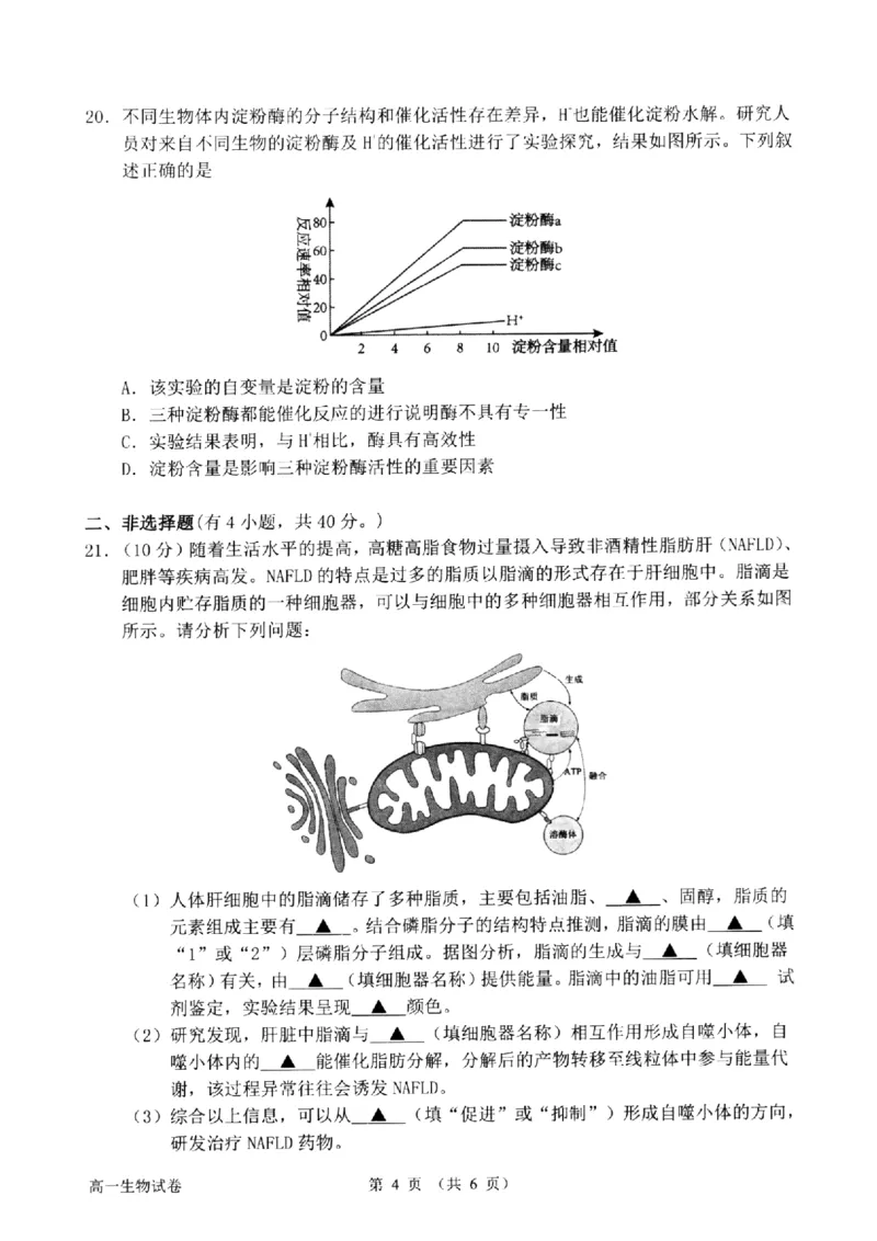 浙江省衢州市2024-2025学年高一上学期1月教学质量检测试题生物PDF版含答案_2024-2025高一（7-7月题库）_2025年02月试卷_0225浙江省衢州市2024-2025学年高一上学期1月教学质量检测试题
