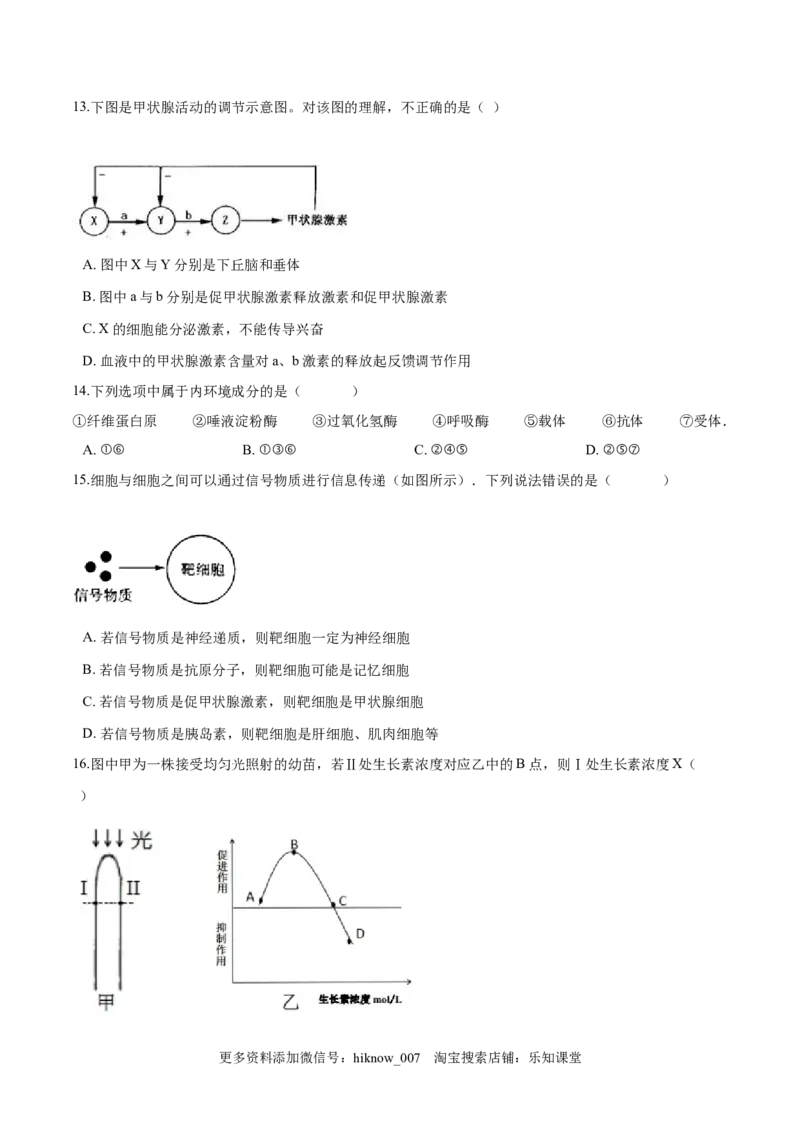 高二生物上学期期末测试卷02（人教版2019选择性必修1）（原卷版）_E015高中全科试卷_生物试题_选修1_4期末试卷_高二生物上学期期末测试卷02（人教版2019选择性必修1）(25985810)