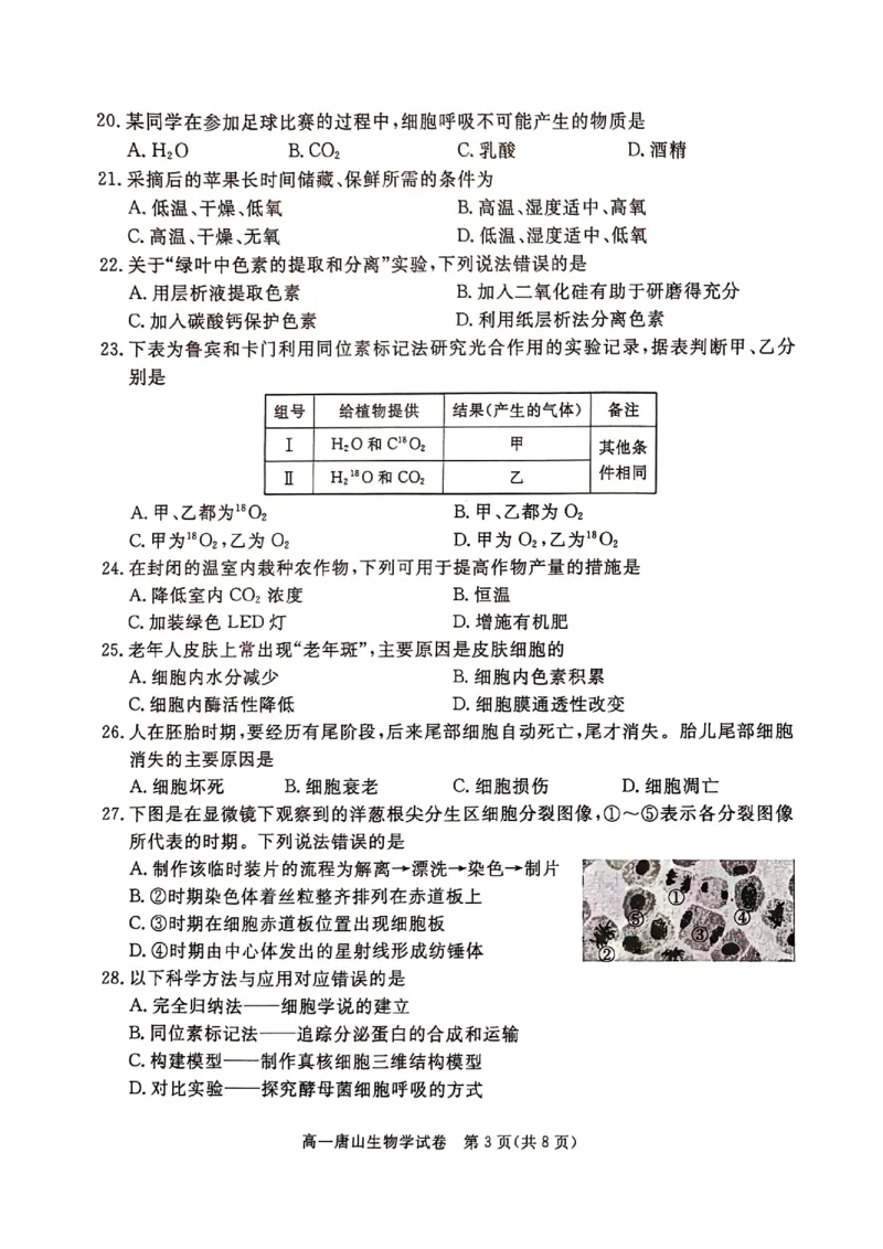 河北省唐山市2024-2025学年高一上学期期末考试生物PDF版无答案_2024-2025高一（7-7月题库）_2025年03月试卷_0312河北省唐山市2024-2025学年高一上学期期末考试