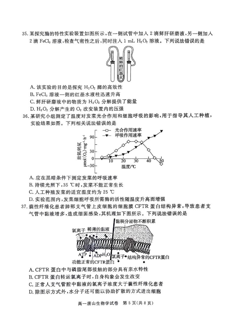 河北省唐山市2024-2025学年高一上学期期末考试生物PDF版无答案_2024-2025高一（7-7月题库）_2025年03月试卷_0312河北省唐山市2024-2025学年高一上学期期末考试