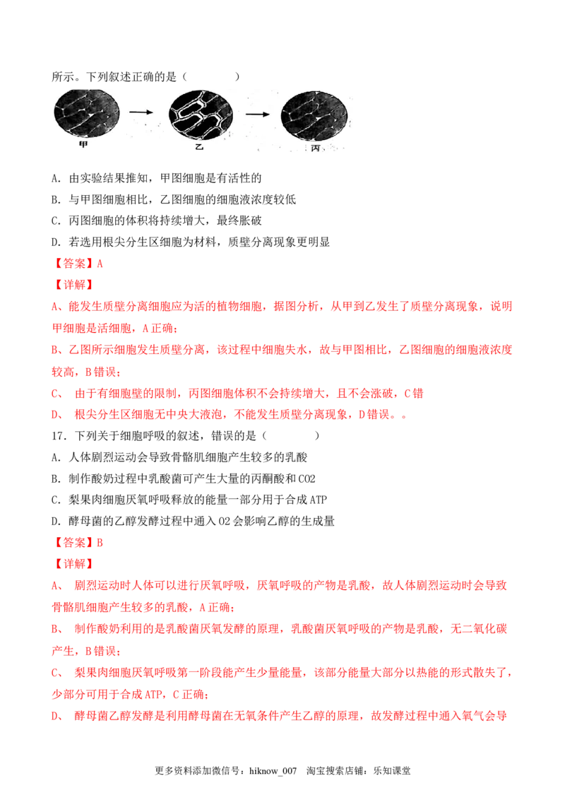 综合拉练卷01（解析版）_E015高中全科试卷_生物试题_必修1_4.期末试卷_1.模拟题_综合拉练卷01-2022-2023学年上学期高一生物期末考试综合拉练卷（人教版2019必修1）
