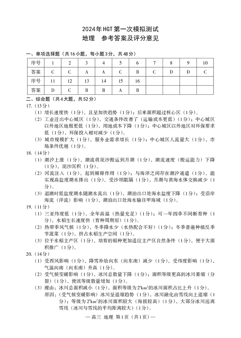 地理高三答案(1)_2024年3月_013月合集_2024届江西省南昌市HGT高三第一次模拟考试