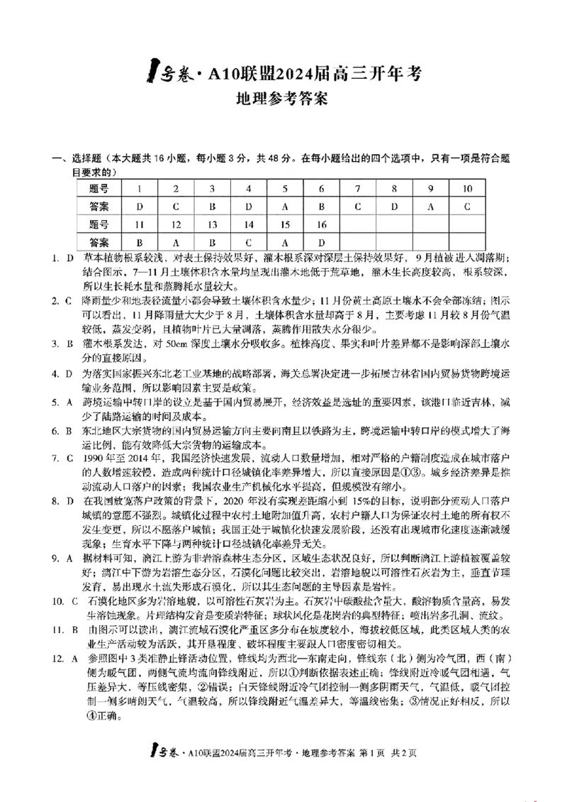 地理答案_1号卷A10联盟2024届高三开年考_2024年2月_01每日更新_22号_2024届1号卷A10联盟安徽高三开年考_1号卷A10联盟安徽2024届高三开年考地理