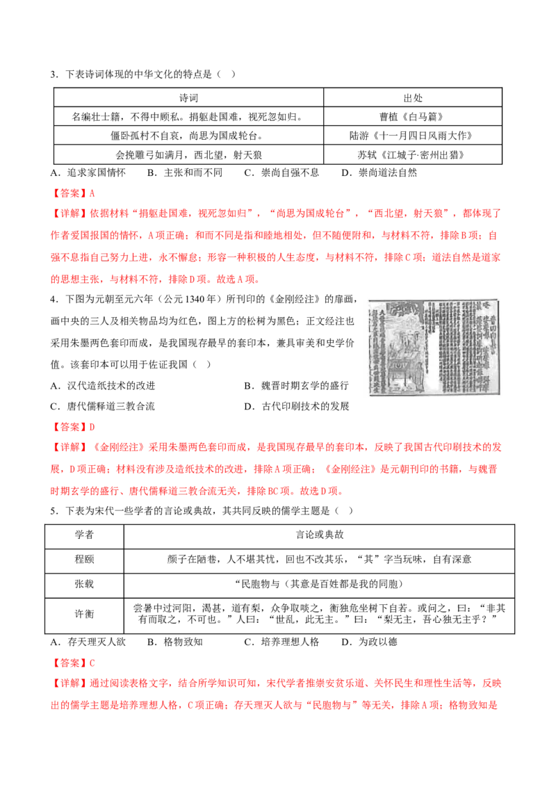 第1课中华优秀传统文化的内涵与特点（解析版）_E015高中全科试卷_历史试题_选修3_人教版历史选修三同步练习（030份）_同步练习（第一套）