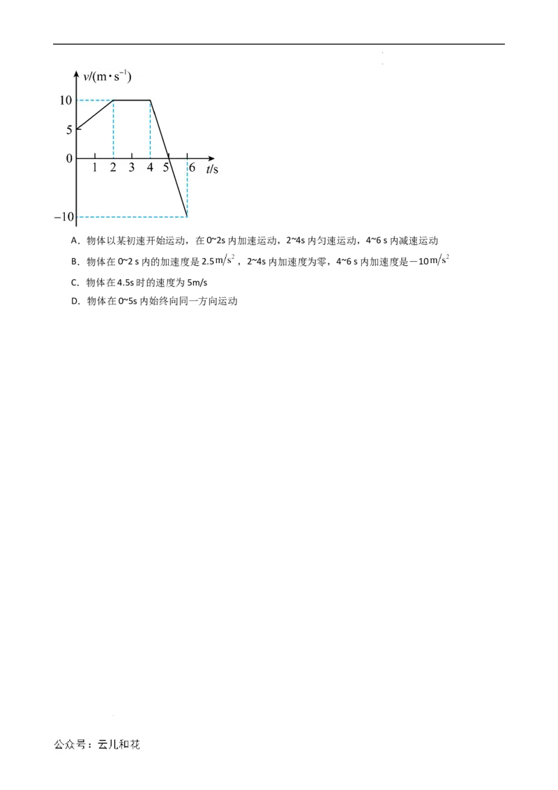 衔接点06匀变速直线运动的速度与时间的关系（原卷版）_2024-2025高一（7-7月题库）_2024年7月试卷