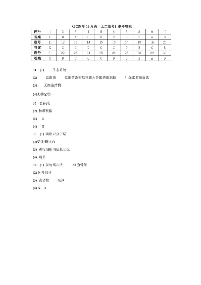 重庆市复旦中学教共体2025-2026学年高一上学期第二次段考生物试题含答案_2024-2025高一（7-7月题库）_2026年1月高一_260102重庆市复旦中学教共体2025-2026学年高一上学期第二次段考（全）