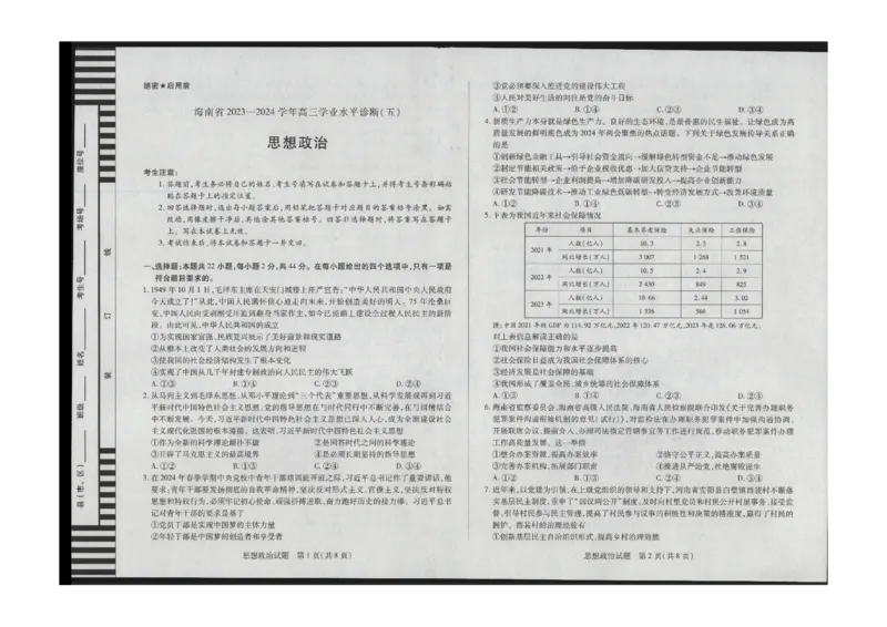政治学业水平（五）_2024年5月_01按日期_14号_2024届海南省天一联考高三学业水平诊断（五）_海南省2023-2024学年高三下学期学业水平诊断（五）政治试题