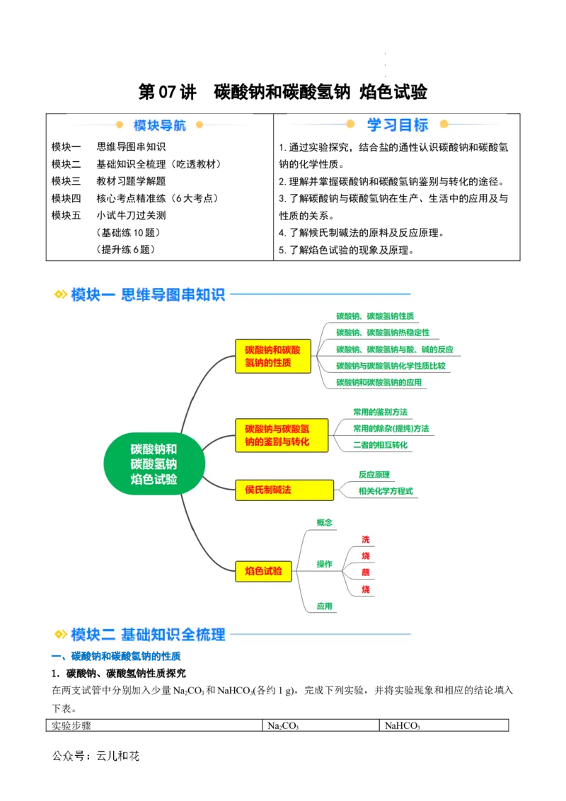 第07讲&nbsp;碳酸钠和碳酸氢钠&nbsp;焰色试验（原卷版）_2024-2025高一（7-7月题库）_2024年7月试卷_0708暑假自学课2024年新高一化学暑假提升精品讲义