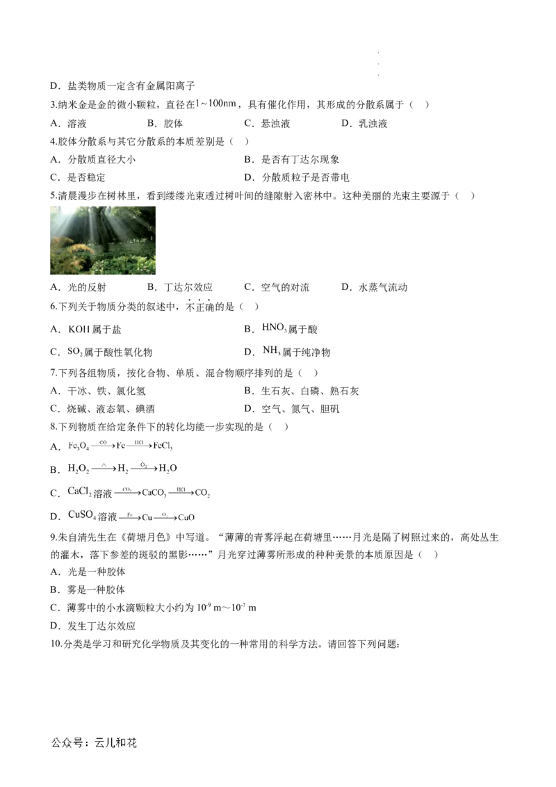 第01讲物质的分类与转化（原卷版）_2024-2025高一（7-7月题库）_2024年7月试卷_0708暑假自学课2024年新高一化学暑假提升精品讲义