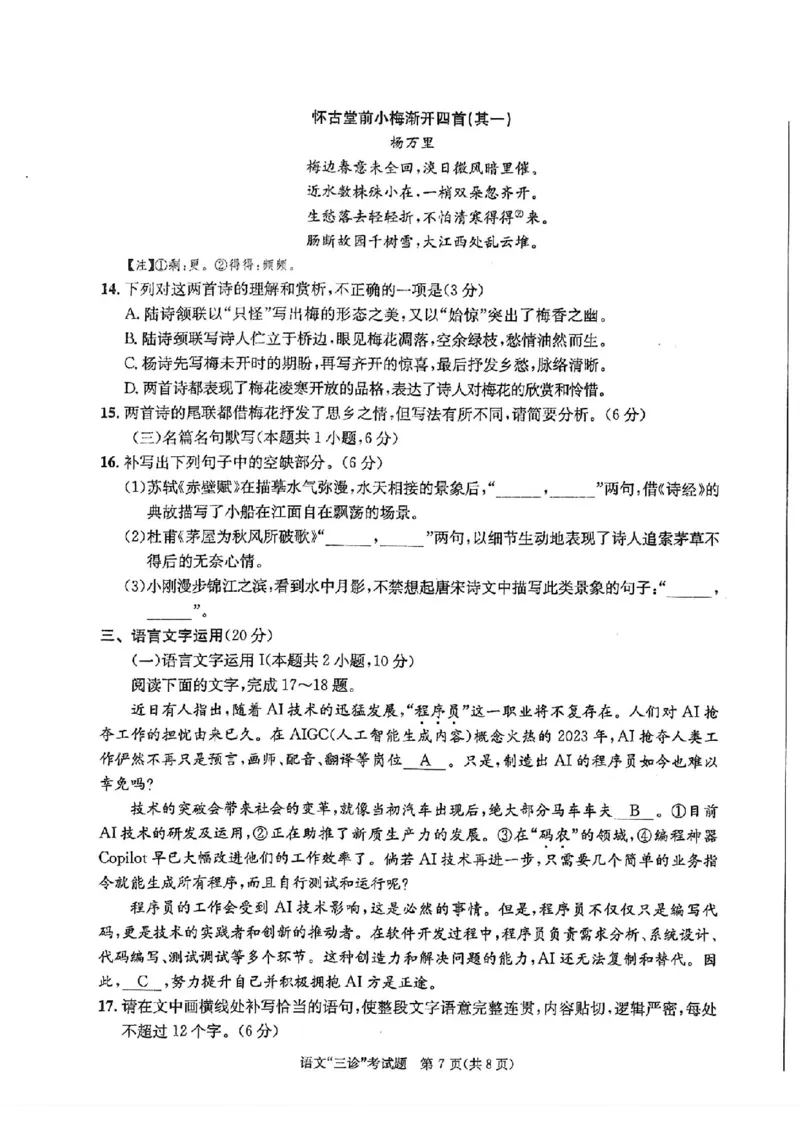 成都三诊语文试卷_2024年5月_01按日期_10号_2024届四川省成都市高三下学期第三次诊断性检测_四川省成都市2024届高三下学期第三次诊断性检测语文