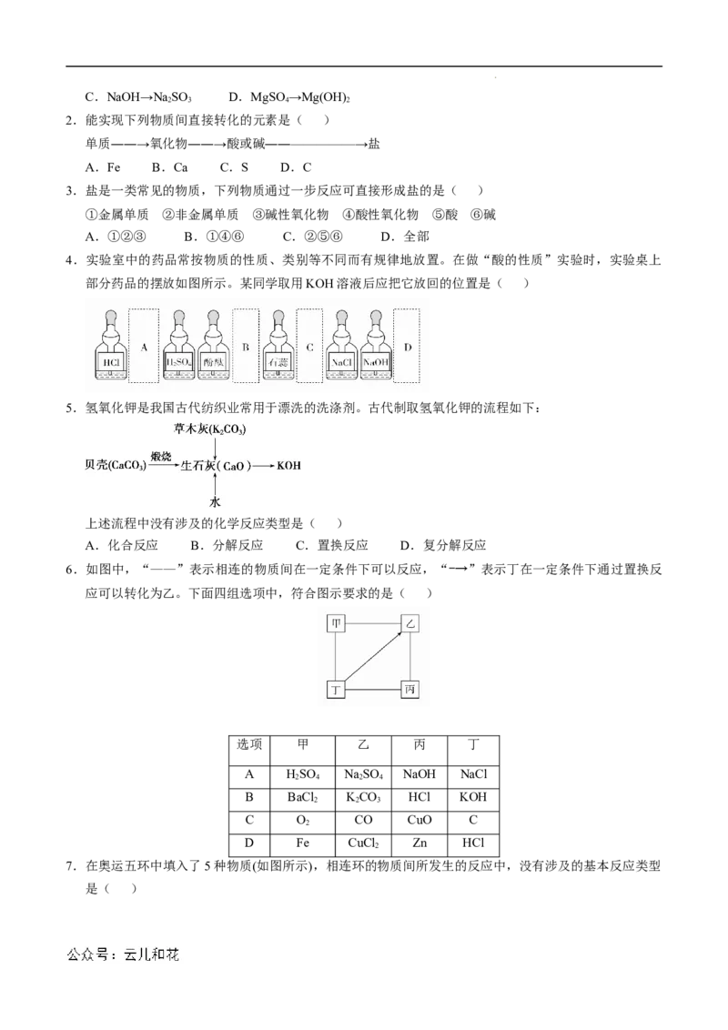 第02课物质的转化-2023年新高一化学暑假自主学习课程导航（人教版2019必修第一册）（原卷版）_2024-2025高一（7-7月题库）_2024年7月试卷