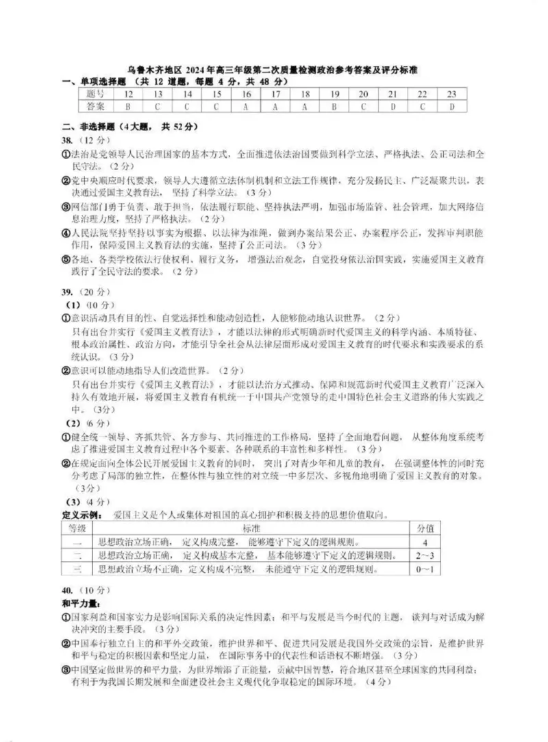 政治答案_2024年3月_013月合集_2024届新疆区乌鲁木齐高三下学期第二次质量监测_2024届新疆乌鲁木齐高三下学期第二次质量检测文综试题