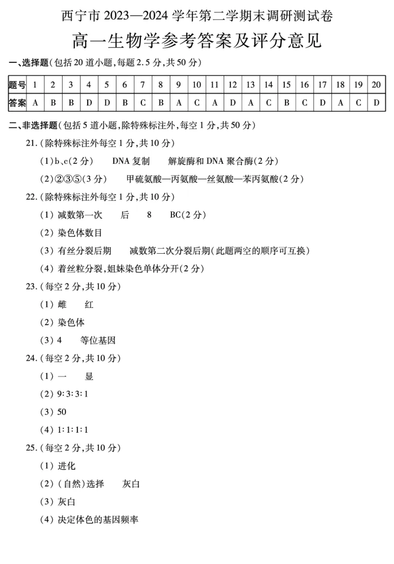 高一生物答案_2024-2025高一（7-7月题库）_2024年7月试卷_0727青海省西宁市2023-2024学年高一下学期期末调研测试