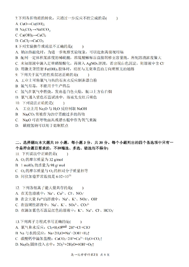浙江省温州新力量联盟2024-2025学年高一上学期期中联考化学试题（PDF版，含答案）_2024-2025高一（7-7月题库）_2024年11月试卷_1119浙江省温州市新力量联盟2024-2025学年高一上学期期中联考