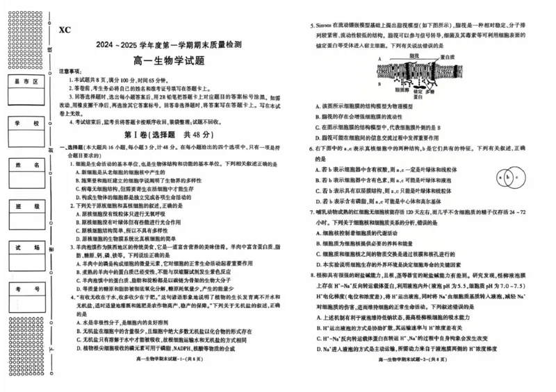 陕西省西安市新城区2024-2025学年高一上学期1月期末考试生物PDF版含答案_2024-2025高一（7-7月题库）_2025年03月试卷_0305陕西省西安市新城区2024-2025学年高一上学期1月期末考试