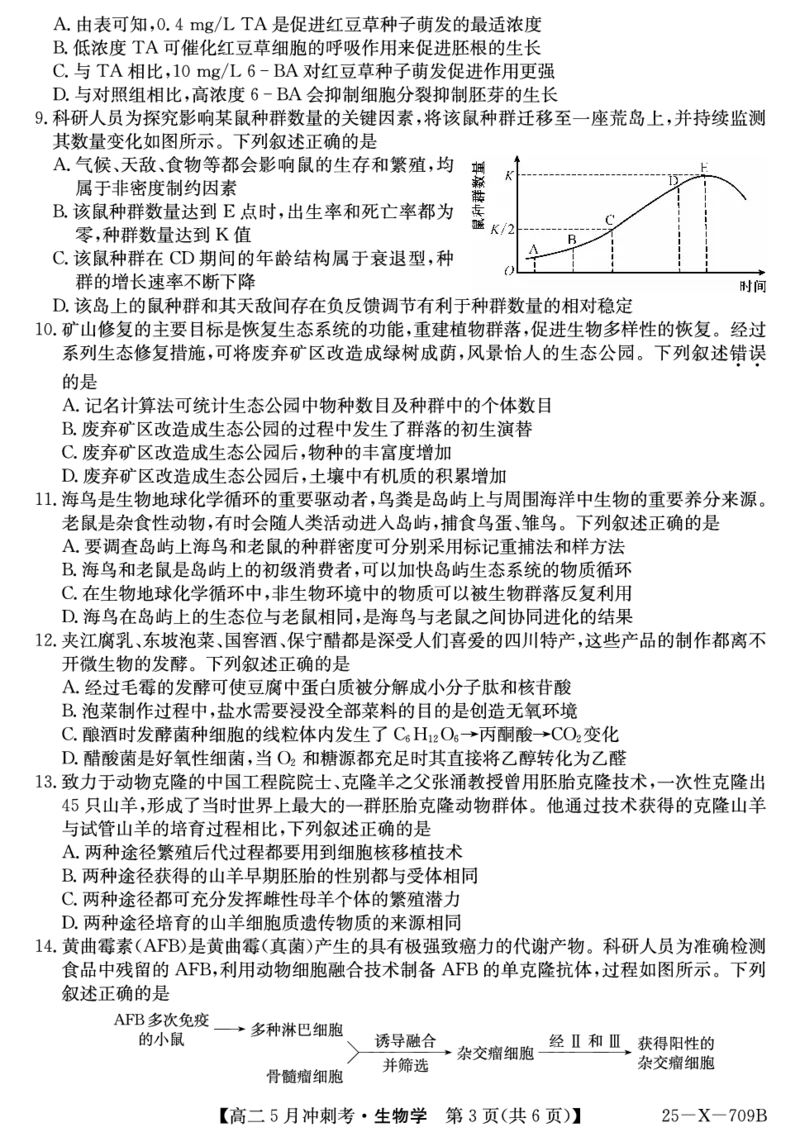 25-X-709B-生物ZQ_2024-2025高二（7-7月题库）_2025年6月试卷_0605山西省卓越联盟2024-2025学年高二下学期5月冲刺考试_山西省卓越联盟2024-2025学年高二下学期5月冲刺考试生物