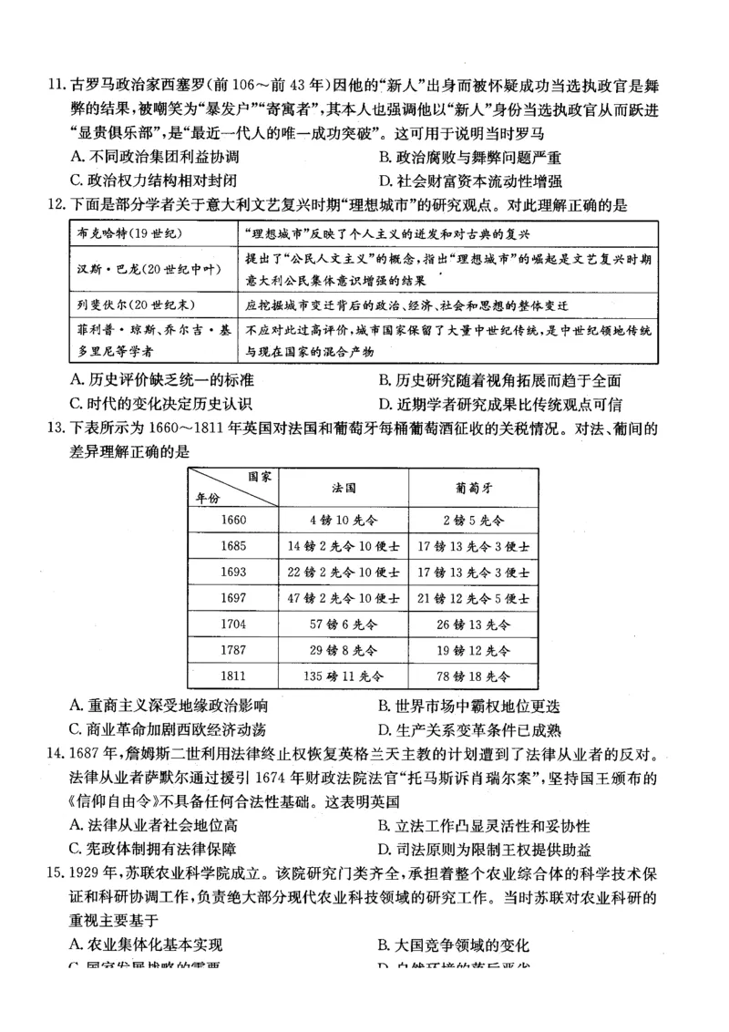2025届高三年级12月月考历史试题_2024-2025高三（6-6月题库）_2024年12月试卷_1224山西三晋卓越联盟2024-2025学年高三12月质量检测卷（25-X-213C）