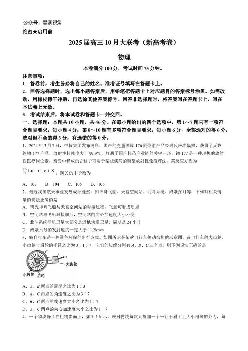 2025届高三10月大联考（新高考卷）物理试题（含解析）_2024-2025高三（6-6月题库）_2024年10月试卷_1018XKW2025届高三10月大联考（新高考卷）