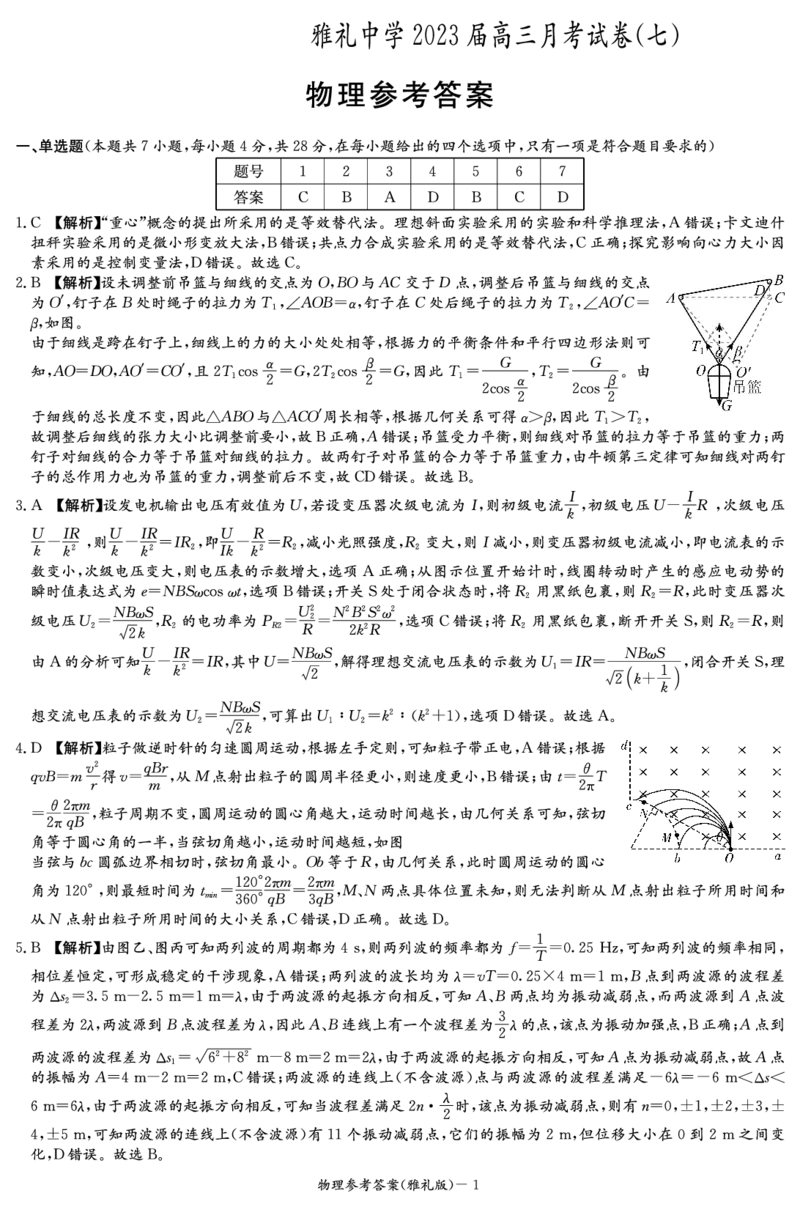 物理答案_2024年2月_01每日更新_13号_2023届湖南省长沙市雅礼中学高三下学期月考（七）全科_湖南省长沙市雅礼中学2022-2023学年高三下学期月考试卷(七)物理